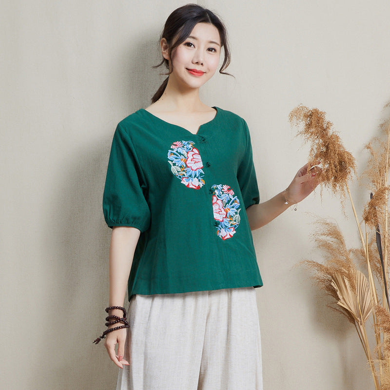 Signature Cotton V Neck Floral Embroidery Traditional Chinese Blouse 