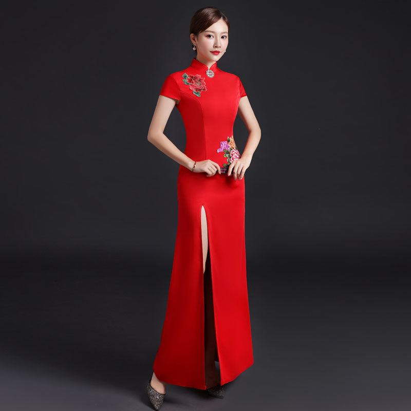 Floral Embroidery Cheongsam Top Mermaid Chinese Evening Dress With Cap Idreammart 