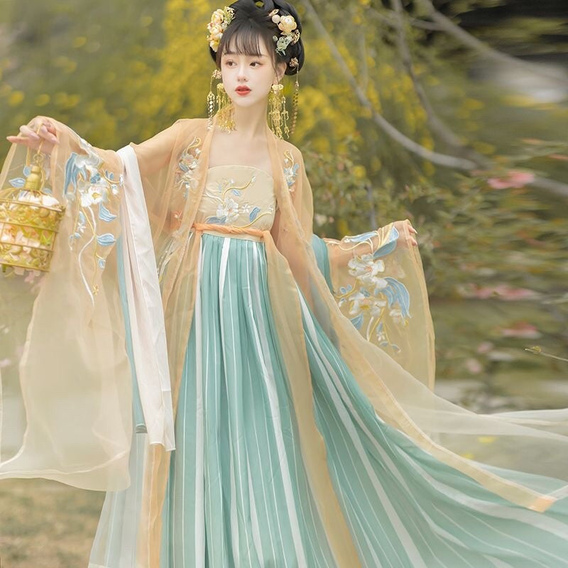 Embroidered Tang-Style Hanfu Dress with Chest-High Skirt and Wide Slee ...