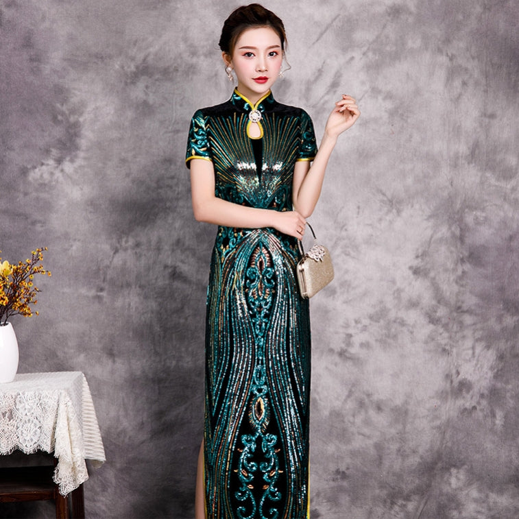 Short Sleeve Full Length Peacock Feather Sequins Cheongsam Chinese Dre ...