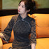 Vintage Retro Qipao Dress with Jacquard Fabric Polka Dots Pattern Lace Edge and Trumpet Sleeves