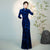 Elegant Velvet Bamboo Print Mermaid Cheongsam Dress Vintage Style 3/4 Sleeve Plus Size