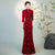 Elegant Velvet Bamboo Print Mermaid Cheongsam Dress Vintage Style 3/4 Sleeve Plus Size