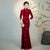 Elegant Velvet Bamboo Print Mermaid Cheongsam Dress Vintage Style 3/4 Sleeve Plus Size