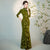 Elegant Velvet Bamboo Print Mermaid Cheongsam Dress Vintage Style 3/4 Sleeve Plus Size