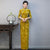 Elegant Velvet Bamboo Print A-line Cheongsam Dress Vintage Style 3/4 Sleeve Plus Size