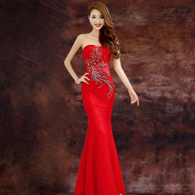 Floral Sequins Strapless Mermaid Chinese Wedding Dress – IDREAMMART