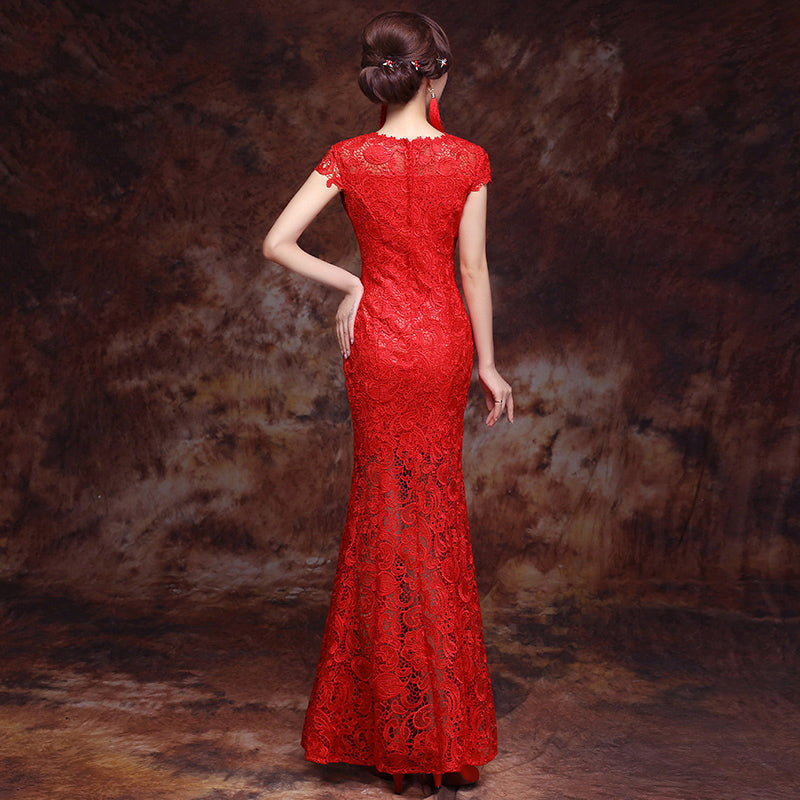 Round Neck Cap Sleeve Mermaid Chinese Wedding Dress – IDREAMMART