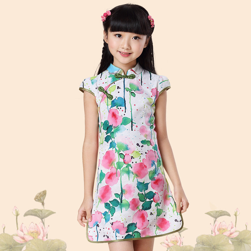 Cap Sleeve Classic Girl's Cheongsam Floral Chinese Dress – IDREAMMART