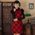 Velluto con collo di pelliccia e vestito cinese cheongsam in pizzo floreale