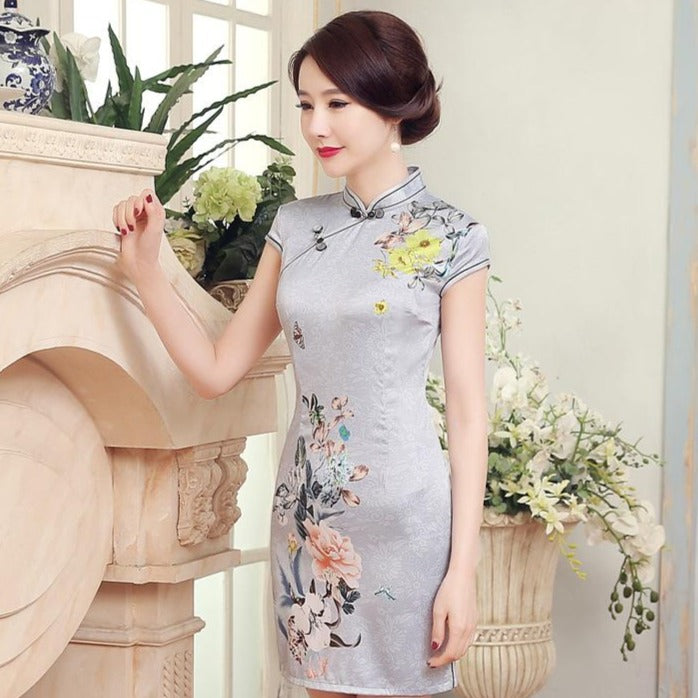 Knee Length Silk Blend Floral Cheongsam Evening Dress – IDREAMMART