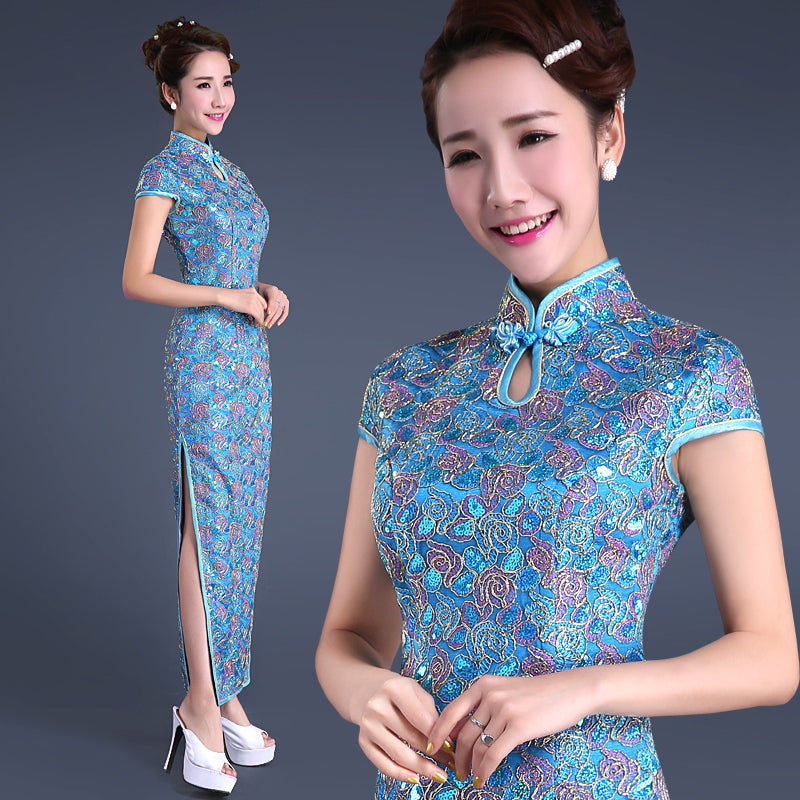 Floral Embroidery And Sequins Full Length Lace Cheongsam Chinese Dress Idreammart 