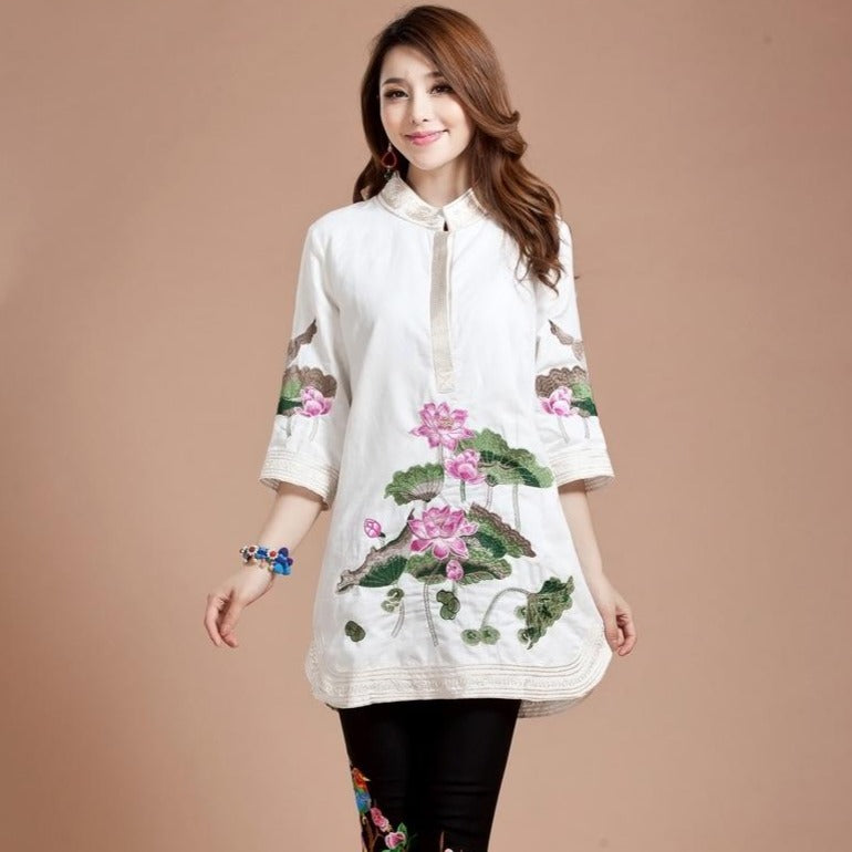 Lotus Embroidery Signature Cotton Chinese Style Blouse – IDREAMMART