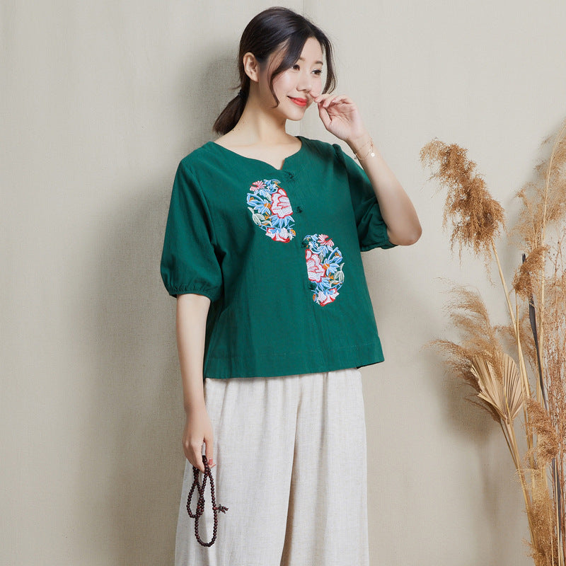 Signature Cotton V Neck Floral Embroidery Traditional Chinese Blouse ...