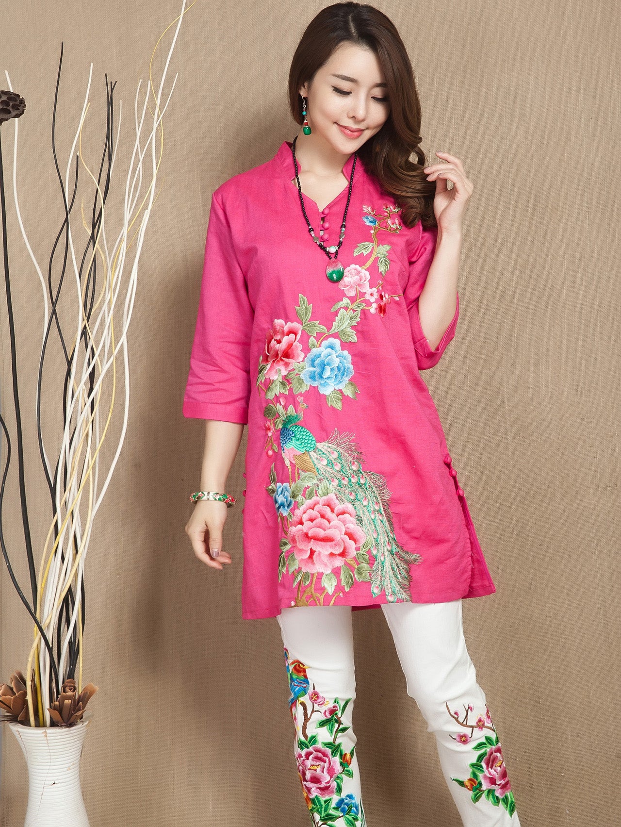 V Neck 3/4 Sleeve Floral Embroidery Long Chinese Blouse – IDREAMMART