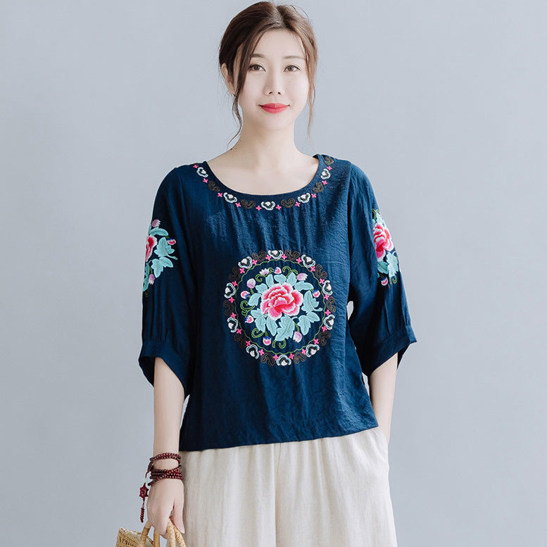 Round Neck Floral Embroidery Loose Traditional Chinese Blouse – IDREAMMART