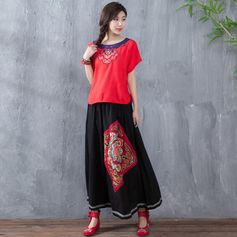 Full Length Traditional Chinese Style A-line Floral Embroidery Expansi ...