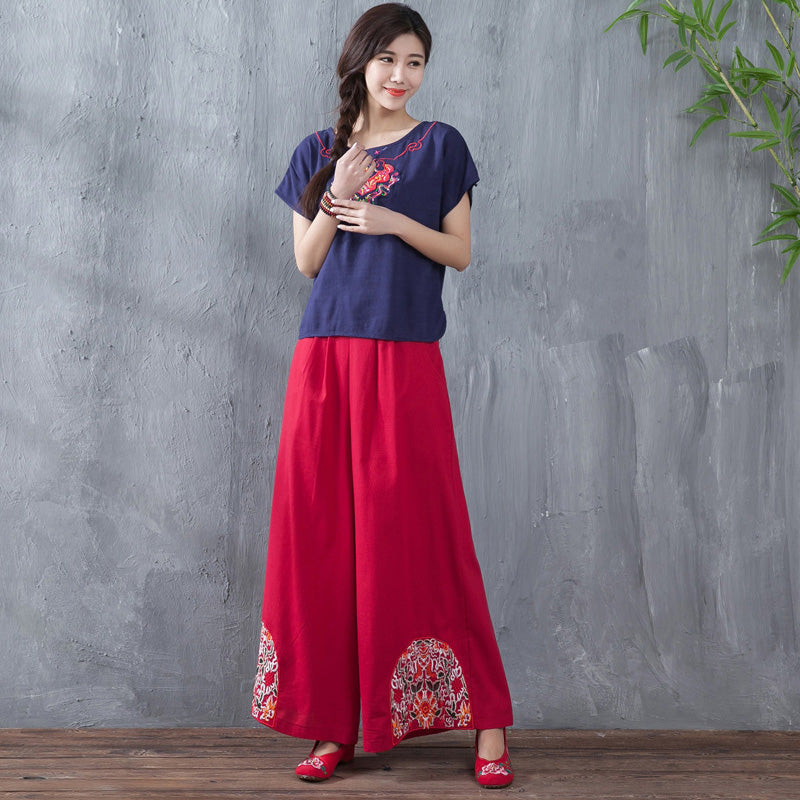 Floral Embroidery Traditional Chinese Style Women's Loose Pants – IDREAMMART