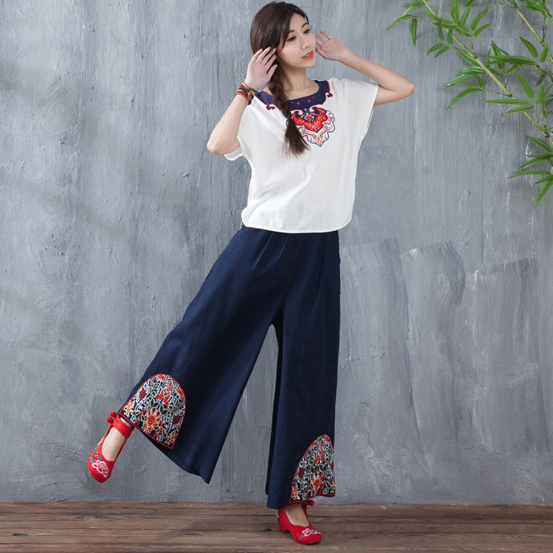 Floral Embroidery Traditional Chinese Style Women's Skinny Pants Leggings