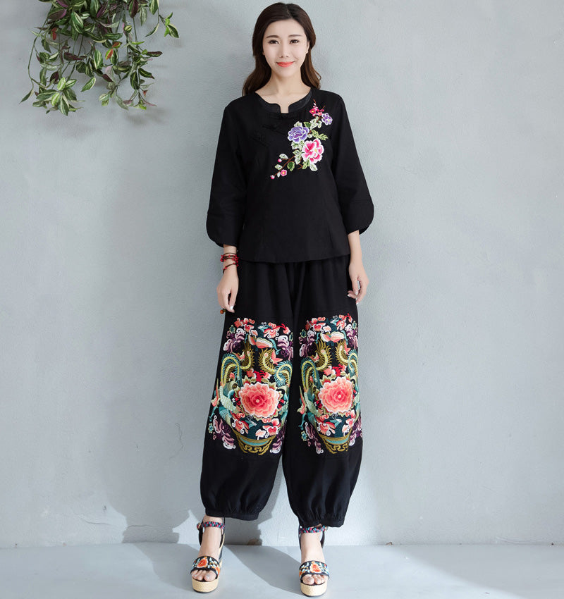 Floral Embroidery Fleece-lined Chinese Style Women's Skinny Pants Legg –  IDREAMMART
