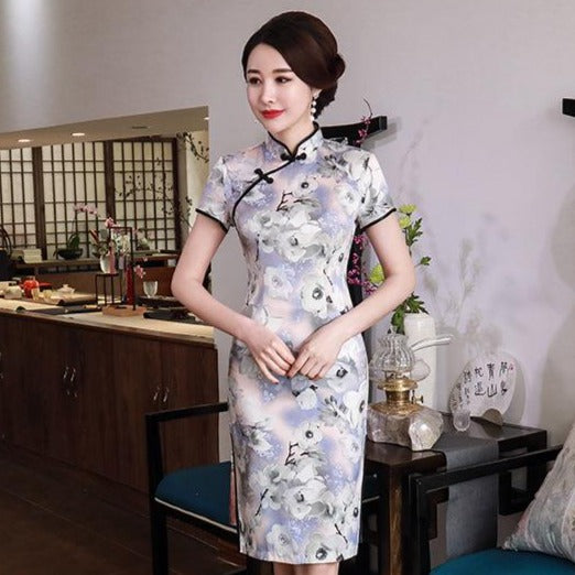 Plus Size Floral Silk Cheongsam Knee Length Chinese Dress Day Dress ...