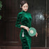 Bambusblätter Muster 3/4 Ärmel Tee Länge Samt Cheongsam Chinesisches Kleid