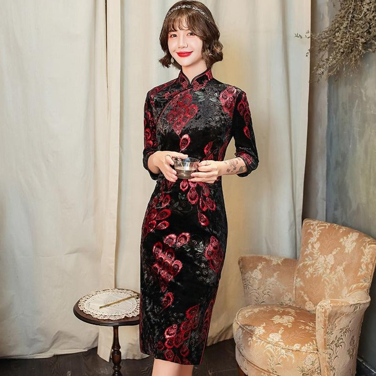 Mandarin Collar Long Sleeve A-Line Velvet Oriental Evening Dress –  IDREAMMART