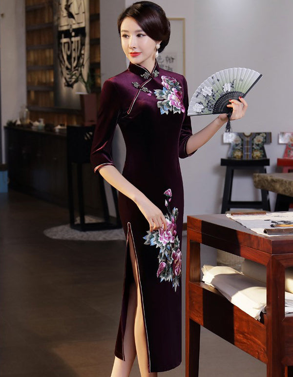 3/4 Sleeve Floral Embroidery Velvet Traditional Cheongsam Chinese Dres ...