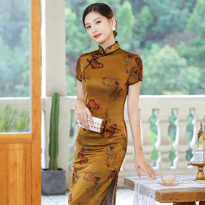 Mandarin Collar Long Sleeve A-Line Velvet Oriental Evening Dress –  IDREAMMART