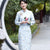 Robe Cheongsam Qipao en coton à manches longues et signature florale