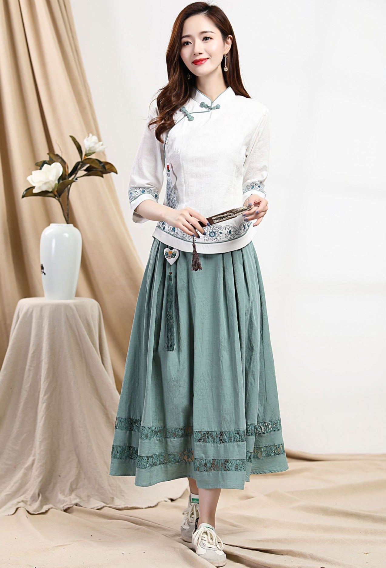 Signature Cotton Full Length Chinese Style Skirt with Tassel – IDREAMMART