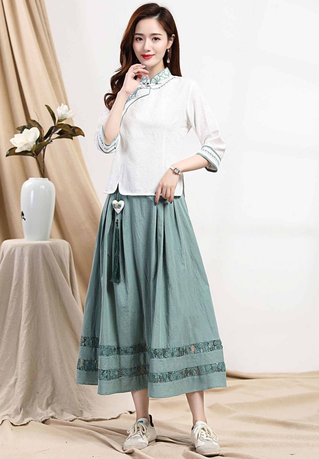 Signature Cotton Full Length Chinese Style Skirt with Tassel – IDREAMMART