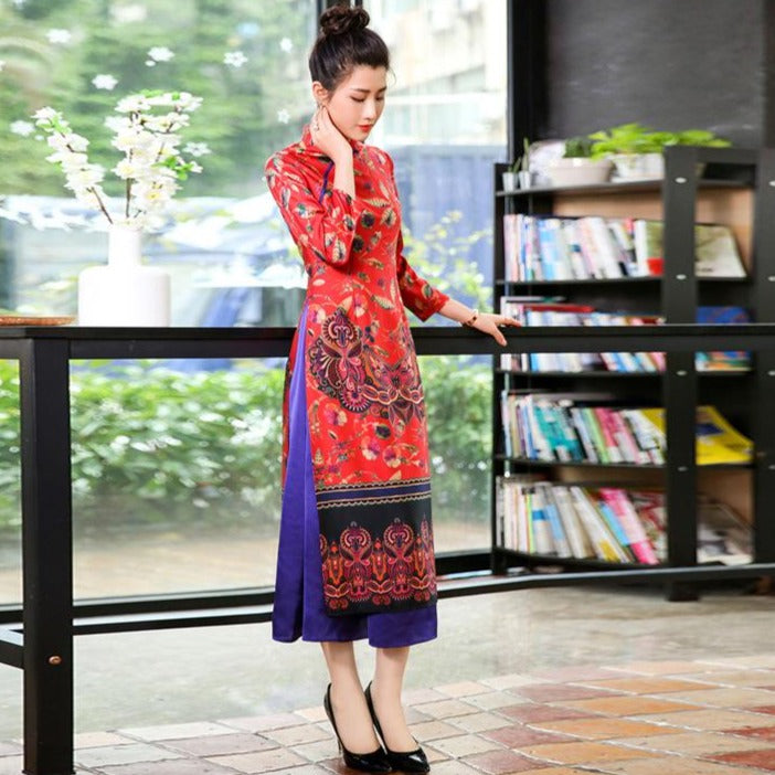 Mandarin Collar 3/4 Sleeve Tea Length Brocade Ao Dai Dress – IDREAMMART