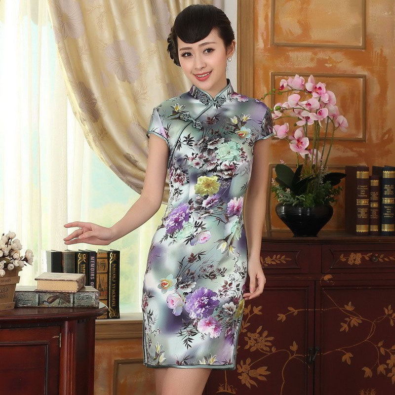 Knee Length Real Silk Cheongsam Floral Chinese Dress – IDREAMMART