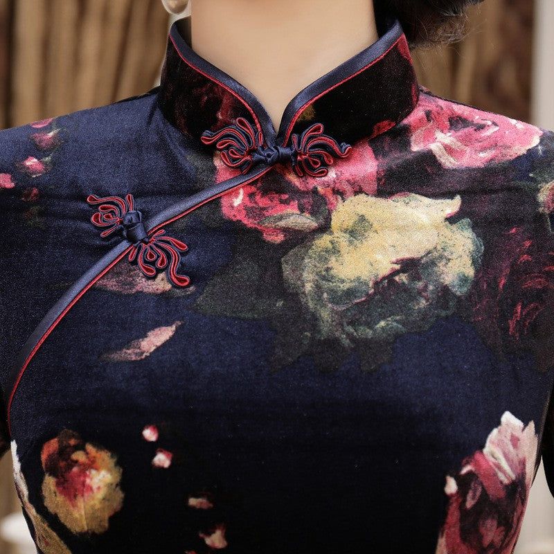 Half Sleeve Tea Length Floral Velvet Cheongsam Chinese Dress – IDREAMMART