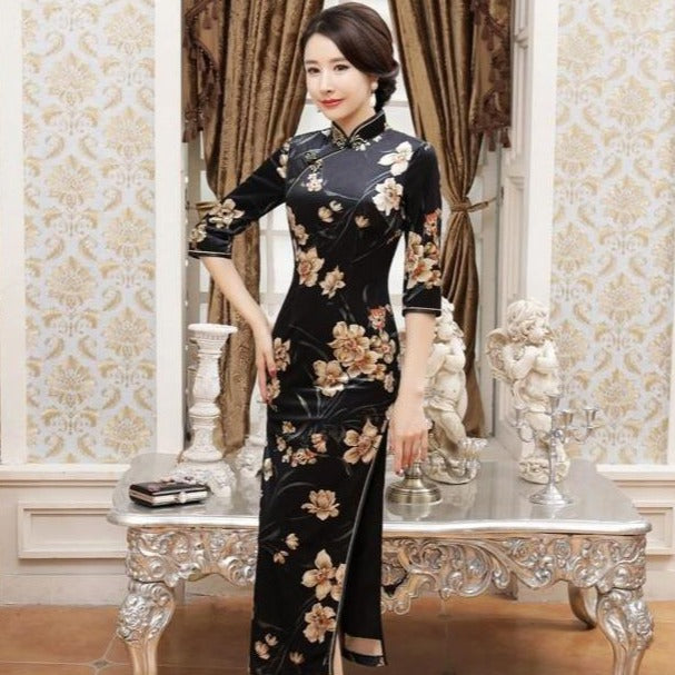Half Sleeve Tea Length Floral Velvet Cheongsam Chinese Dress – IDREAMMART