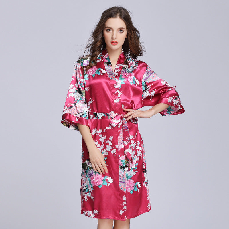 Half Sleeve Peacock Pattern Silk Kimono Yukata Sleepwear – IDREAMMART