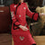 Broderie florale fantaisie coton Cheongsam longueur genou robe chinoise avec bords de fourrure