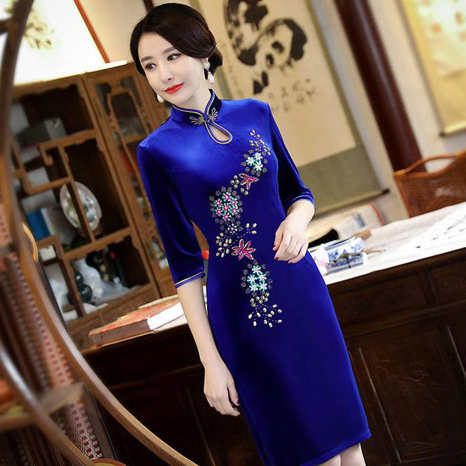 Half Sleeve Floral Sequins Knee Length Velvet Cheongsam Mother Dress ...