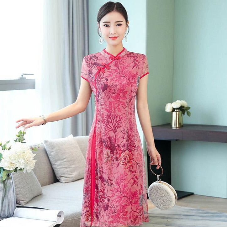 Mandarin Collar Cap Sleeve Floral Cheongsam Chinese Dress – IDREAMMART