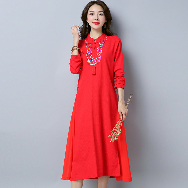 Mandarin Collar Floral Embroidery Tea Length Casual Dress – IDREAMMART