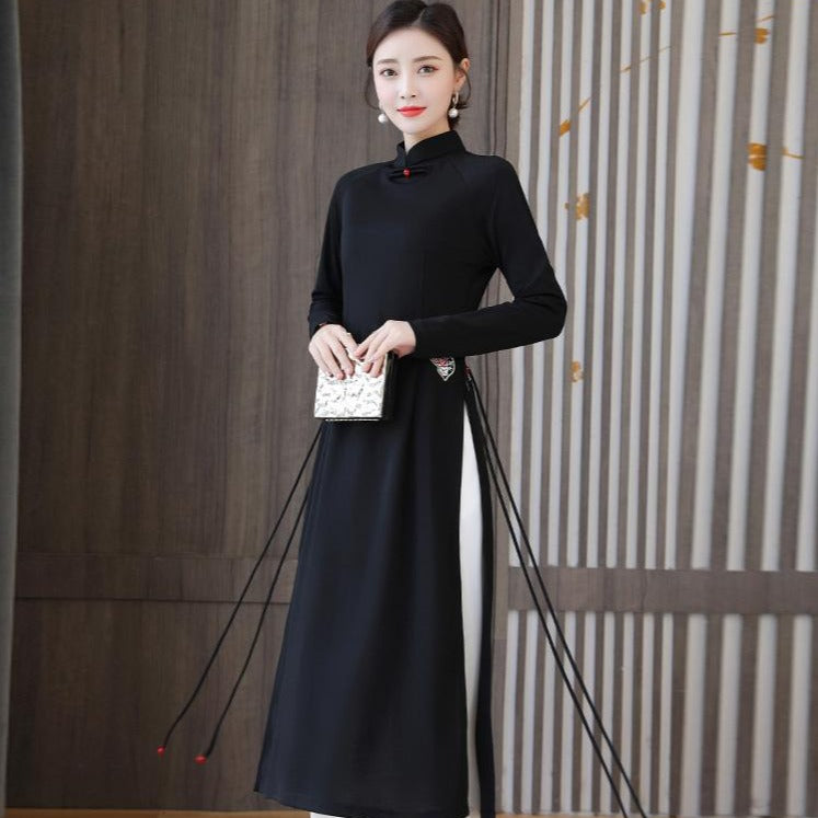 Long Sleeve Floral Embroidery Full Length Knitted Ao Dai Dress – IDREAMMART