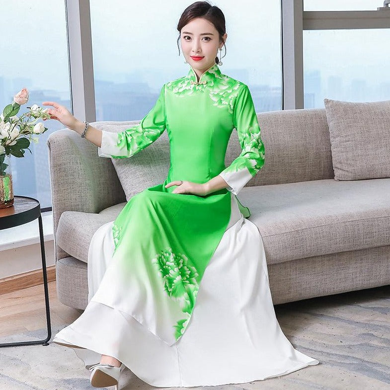 3/4 Sleeve Floral Print Full Length Chiffon Ao Dai Dress – IDREAMMART