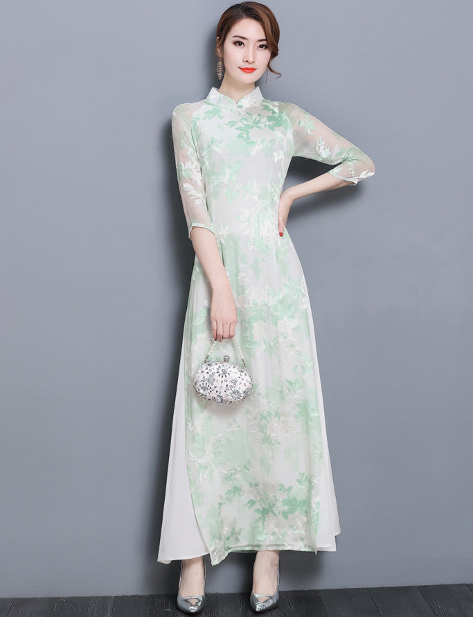 Mandarin Collar 3/4 Sleeve Full Length Floral Print Ao Dai Dress ...