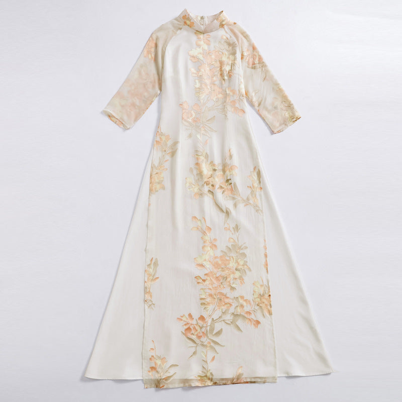 Mandarin Collar 3/4 Sleeve Full Length Floral Print Ao Dai Dress ...
