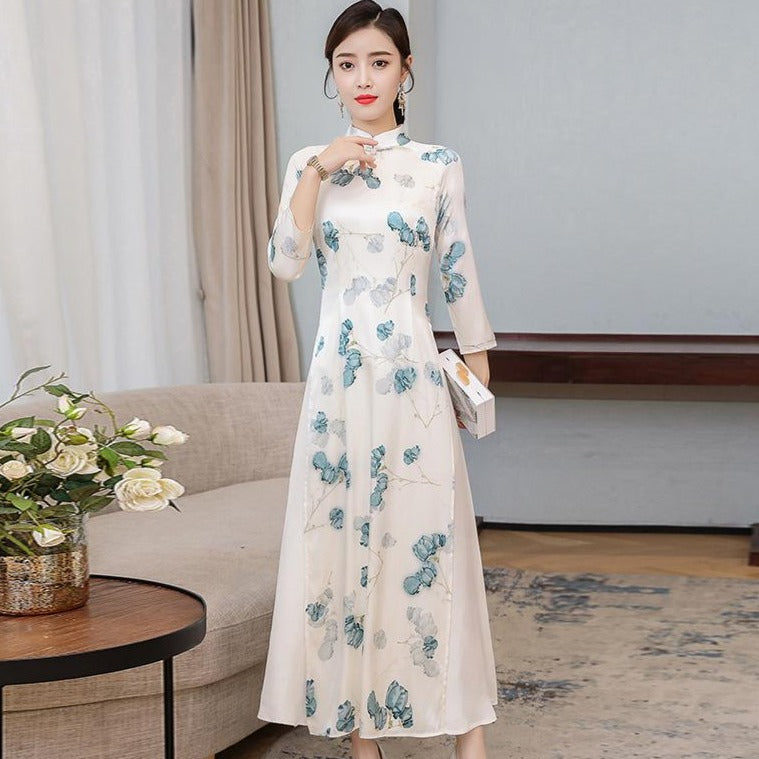 Mandarin Collar Long Sleeve Full Length Floral Silk Ao Dai Dress ...