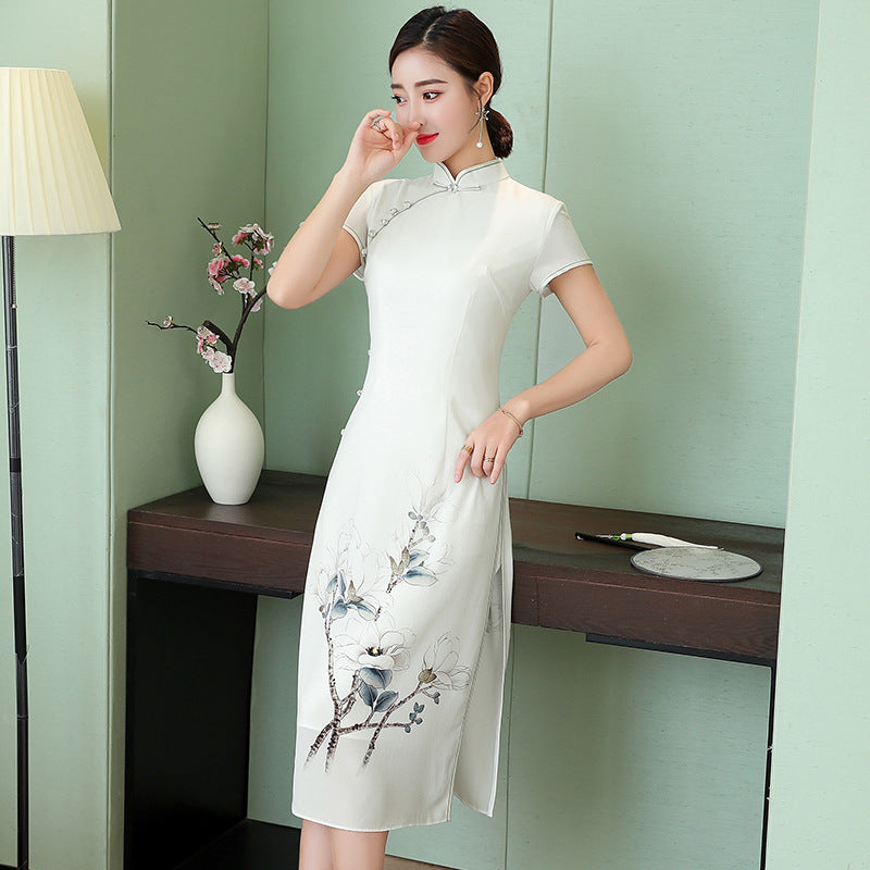 Mandarin Collar Cap Sleeve Tea Length Floral Chiffon Ao Dai Dress ...