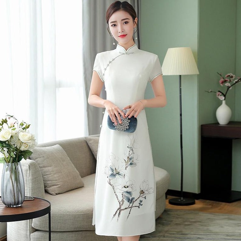 Mandarin Collar Cap Sleeve Tea Length Floral Chiffon Ao Dai Dress ...