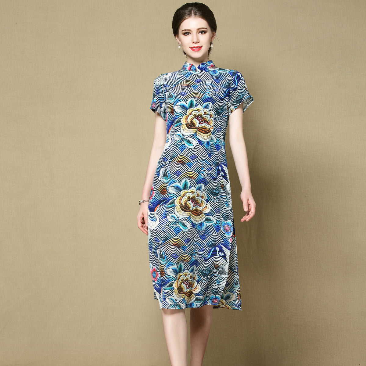 Cap Sleeve Mandarin Collar Floral Real Silk Cheongam Chinese Dress ...
