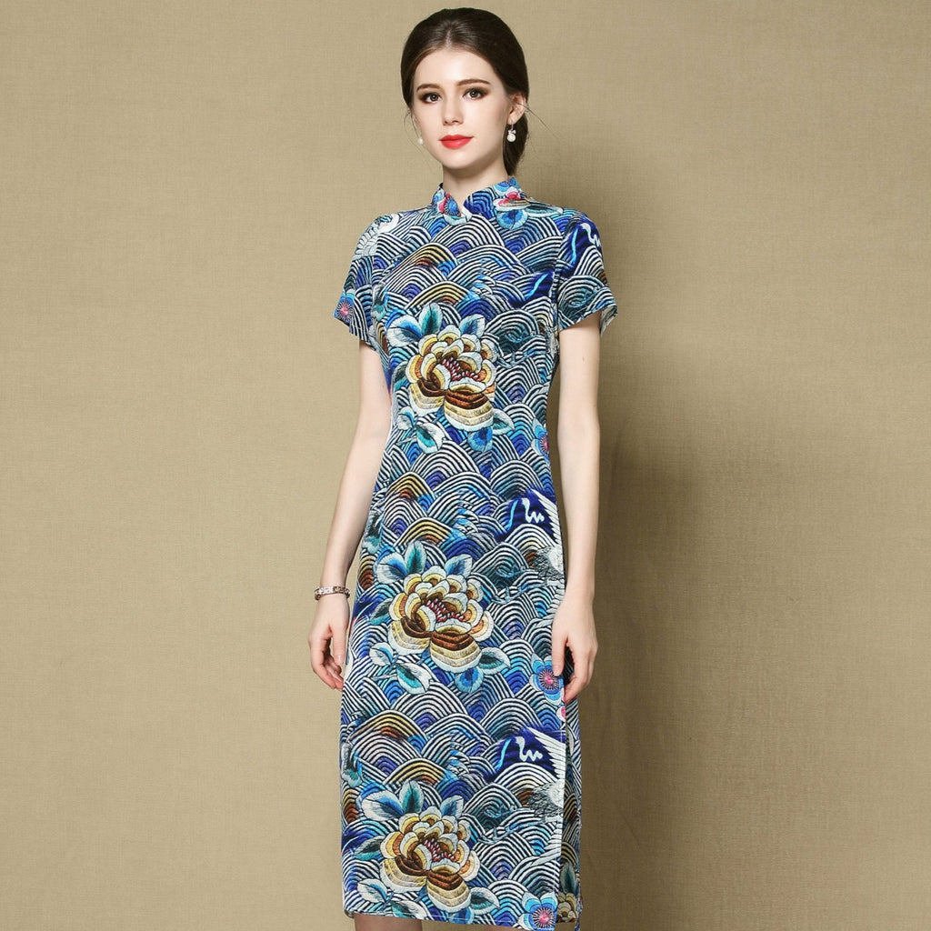 Cap Sleeve Mandarin Collar Floral Real Silk Cheongam Chinese Dress ...